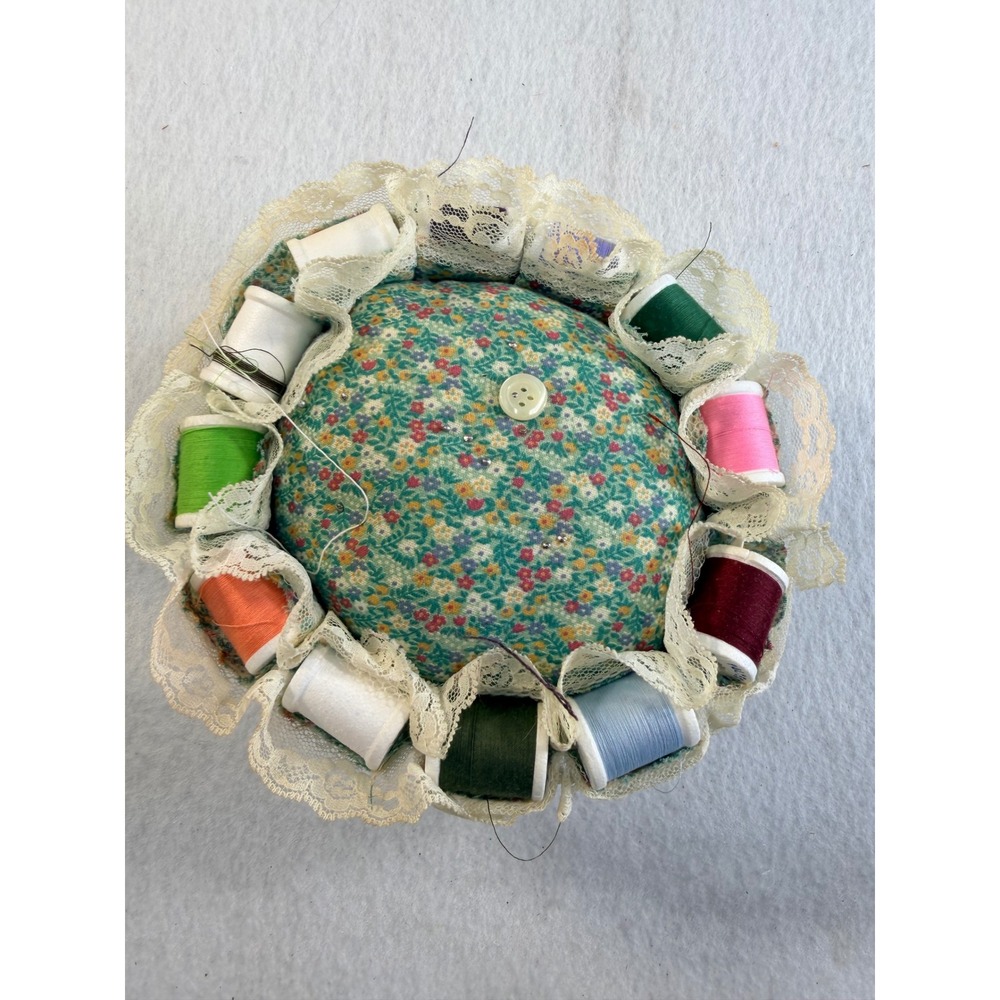 Vintage Handmade Floral Calico Pincushion with Lace Thread Spool Holders Green